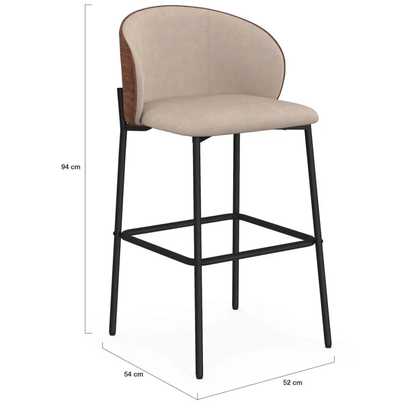 IDMarket - Set di 4 sgabelli da bar PENNY in tessuto color taupe, con schienale effetto noce e gambe in metallo nero