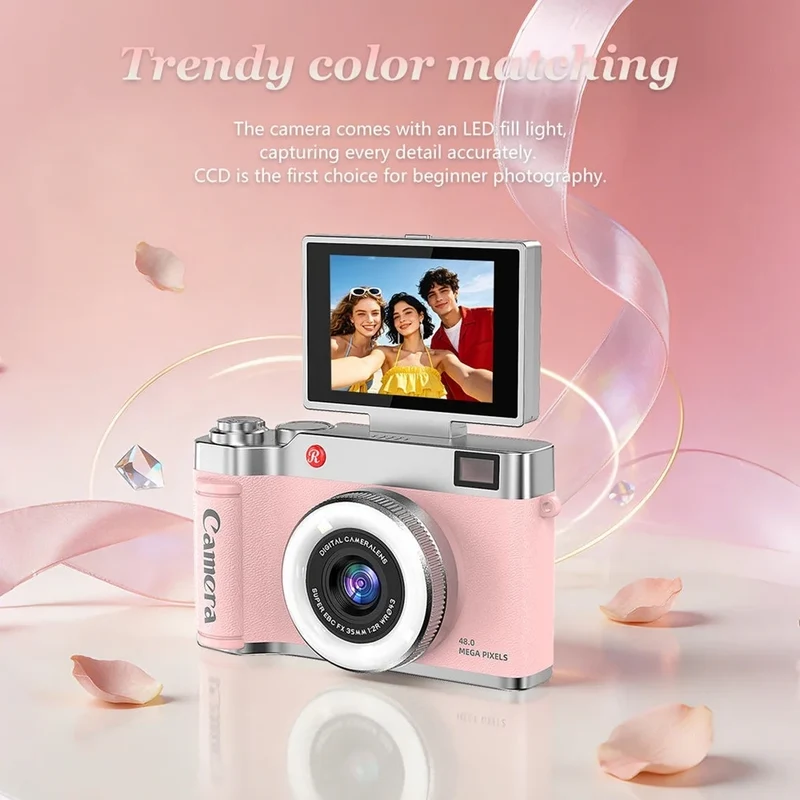 Trade Shop - Fotocamera Digitale Stile Retrò Schermo Ips Da 2,4" Ribaltabile Zoom Digitale 8x 48mp Q07 -