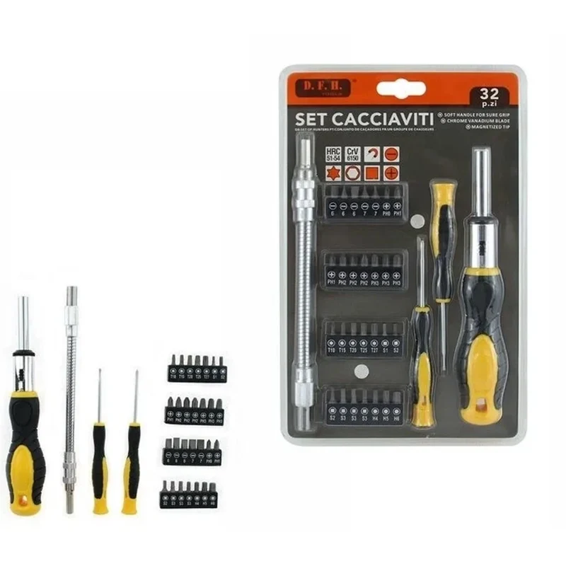 Trade Shop - Set Cacciaviti Attrezzi Da 32pz Con Supporto Magnetico Prolunga Flessibile Inserti 74693 -