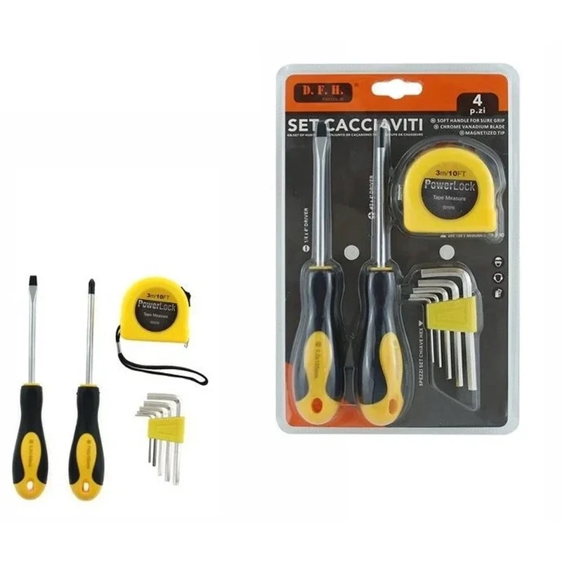 Trade Shop - Set Attrezzi Manuali 4pz Cacciaviti Con Metro Chiavi Esagonali Per Lavori Bricolage 74690 -