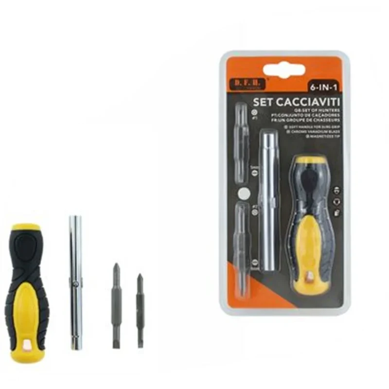 Trade Shop - Set Cacciaviti Multifunzione 6in1 Con Inserti A Doppia Punta Grip Punta Magnetizzata 74689 -