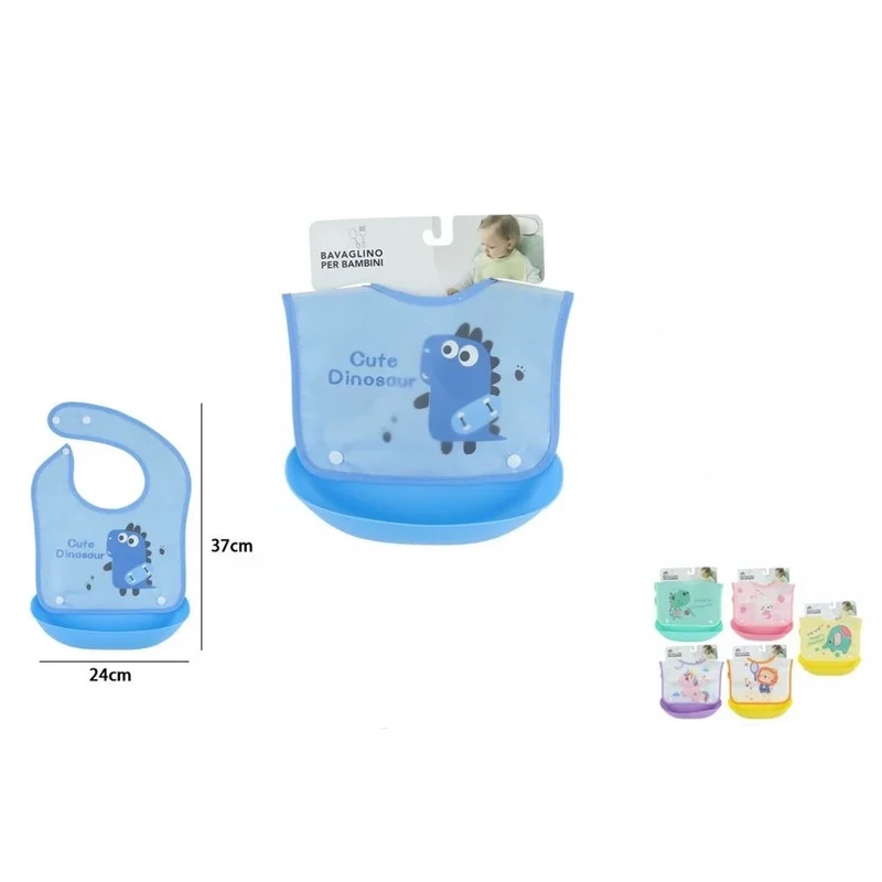 Trade Shop - Bavaglino Bavetta Per Bambini Con Tasca Raccoglipappa Staccabile Fantasia Animali 31221 -