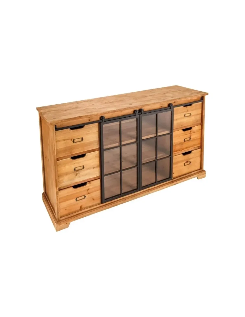 Buffet LUMBER 148 cm in legno di pino - 2 porte scorrevoli in vetro e 6 cassetti