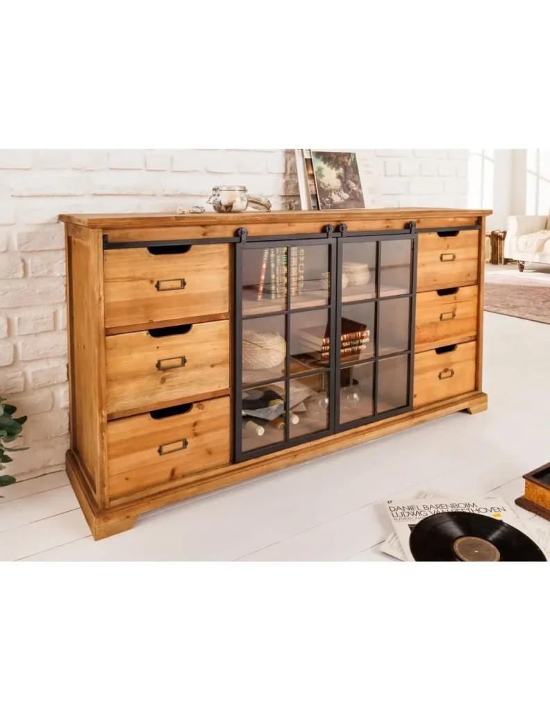 Buffet LUMBER 148 cm in legno di pino - 2 porte scorrevoli in vetro e 6 cassetti