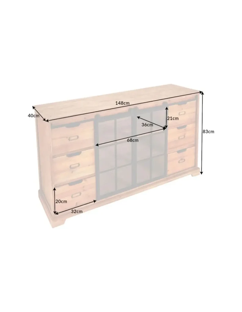 Buffet LUMBER 148 cm in legno di pino - 2 porte scorrevoli in vetro e 6 cassetti