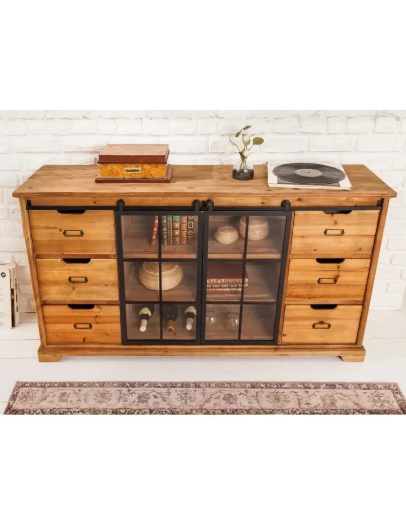 Buffet LUMBER 148 cm in legno di pino - 2 porte scorrevoli in vetro e 6 cassetti