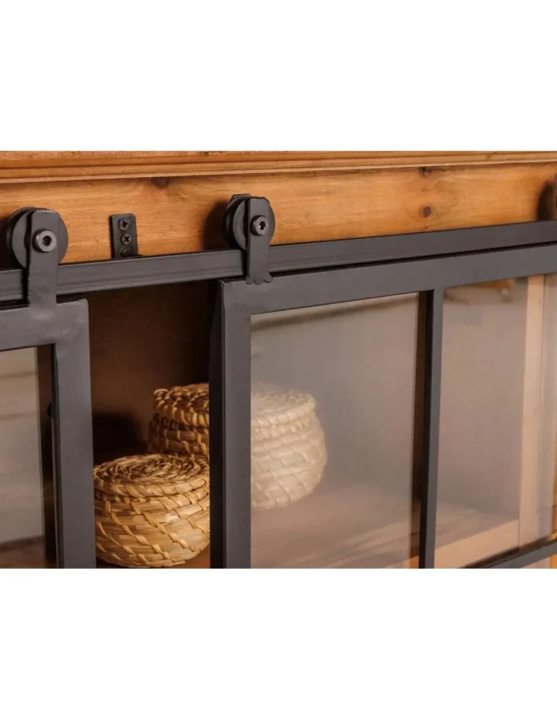 Buffet LUMBER 148 cm in legno di pino - 2 porte scorrevoli in vetro e 6 cassetti