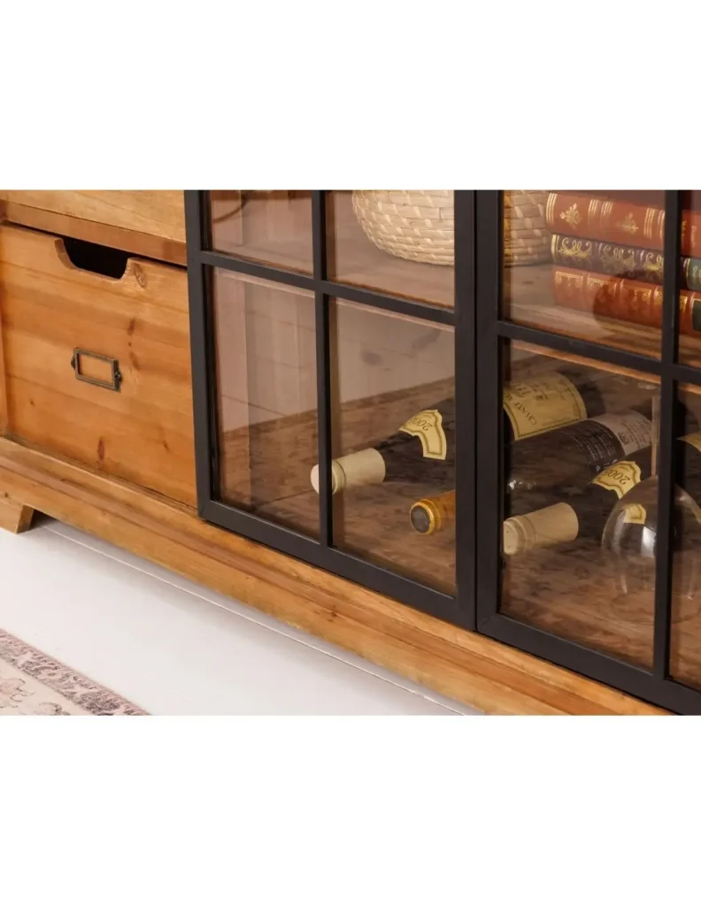 Buffet LUMBER 148 cm in legno di pino - 2 porte scorrevoli in vetro e 6 cassetti