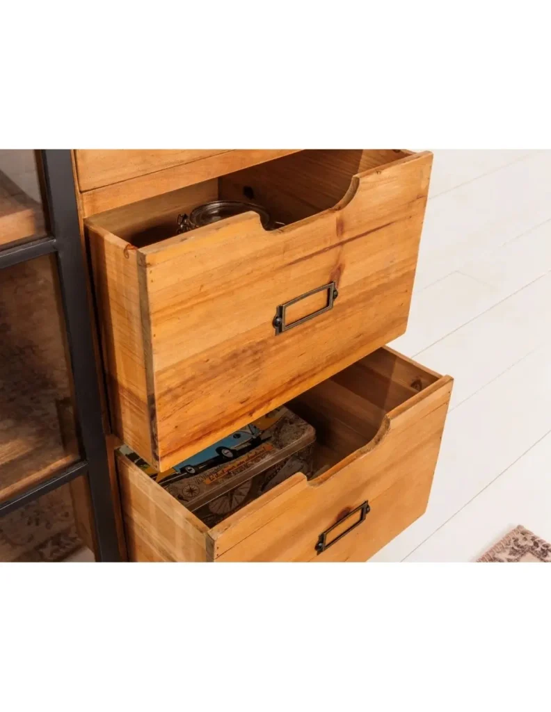 Buffet LUMBER 148 cm in legno di pino - 2 porte scorrevoli in vetro e 6 cassetti