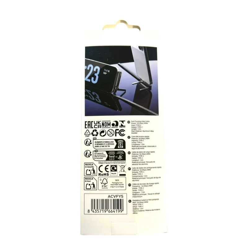Cavo caricabatteria ricarica rapida 1.5m 5A-240W in lega alluminio