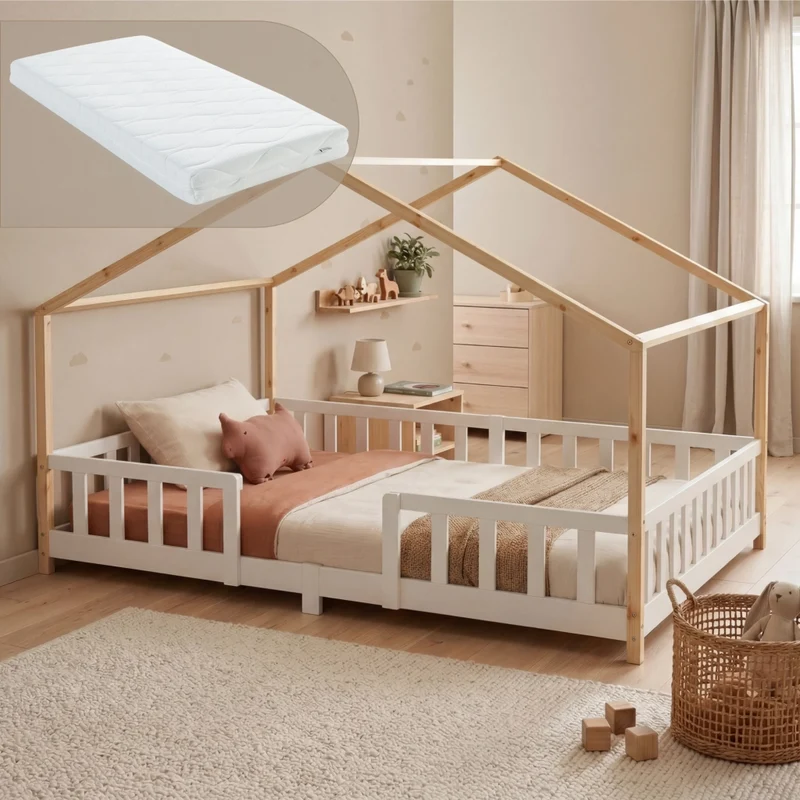 Letto per Cameretta Treviolo a Forma di Casetta in Stile Montessori con Materasso 120x200 cm - Bianco/Naturale [en.casa]