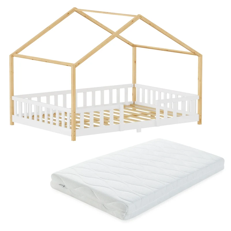 Letto per Cameretta Treviolo a Forma di Casetta in Stile Montessori con Materasso 120x200 cm - Bianco/Naturale [en.casa]