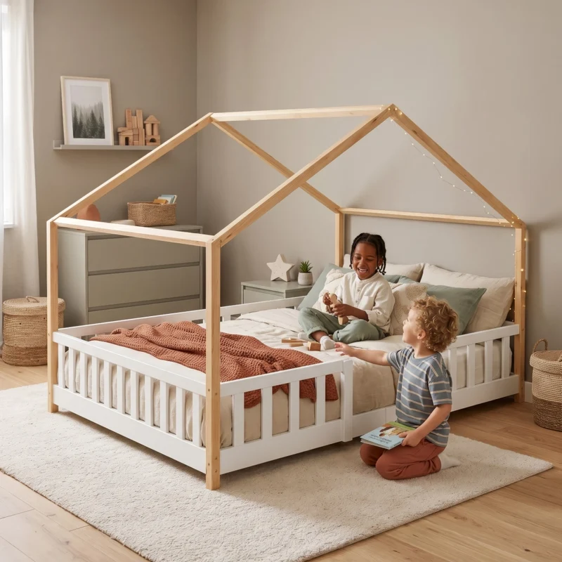 Letto per Cameretta Treviolo a Forma di Casetta in Stile Montessori con Materasso 120x200 cm - Bianco/Naturale [en.casa]