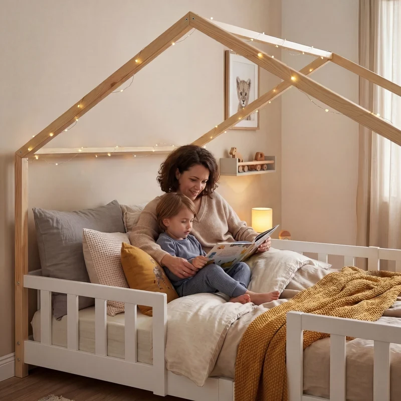 Letto per Cameretta Treviolo a Forma di Casetta in Stile Montessori con Materasso 120x200 cm - Bianco/Naturale [en.casa]