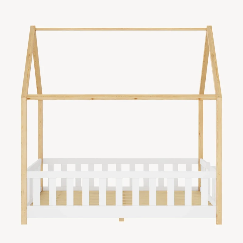 Letto per Cameretta Treviolo a Forma di Casetta in Stile Montessori con Materasso 120x200 cm - Bianco/Naturale [en.casa]