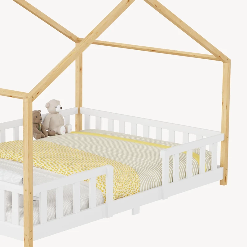 Letto per Cameretta Treviolo a Forma di Casetta in Stile Montessori con Materasso 120x200 cm - Bianco/Naturale [en.casa]