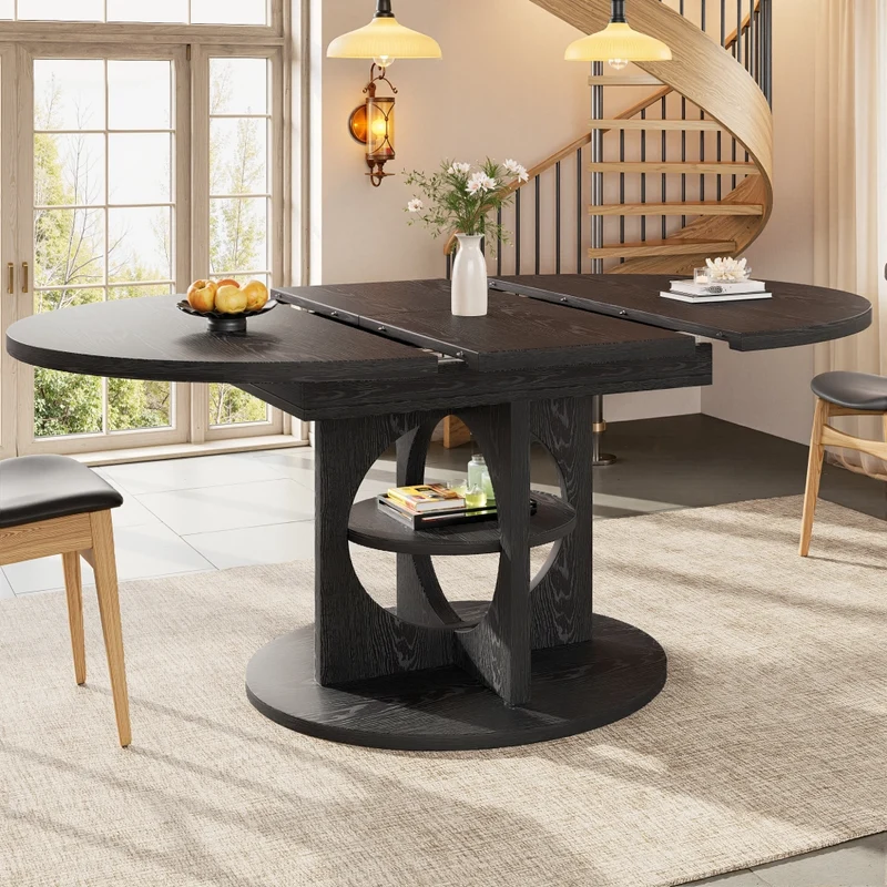 Tavolo da pranzo allungabile 110-140 cm per 4-6 persone; con contenitore e illuminazione LED colorata; MDF nero