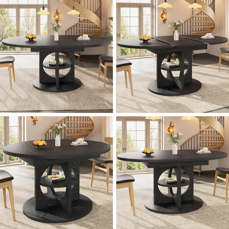 Tavolo da pranzo allungabile 110-140 cm per 4-6 persone; con contenitore e illuminazione LED colorata; MDF nero