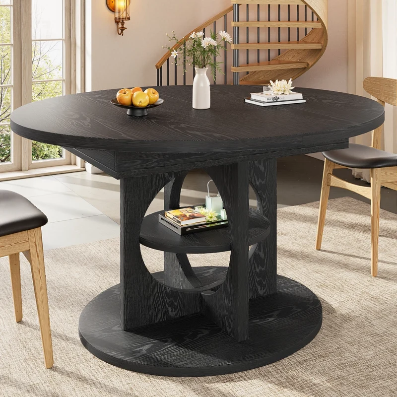 Tavolo da pranzo allungabile 110-140 cm per 4-6 persone; con contenitore e illuminazione LED colorata; MDF nero