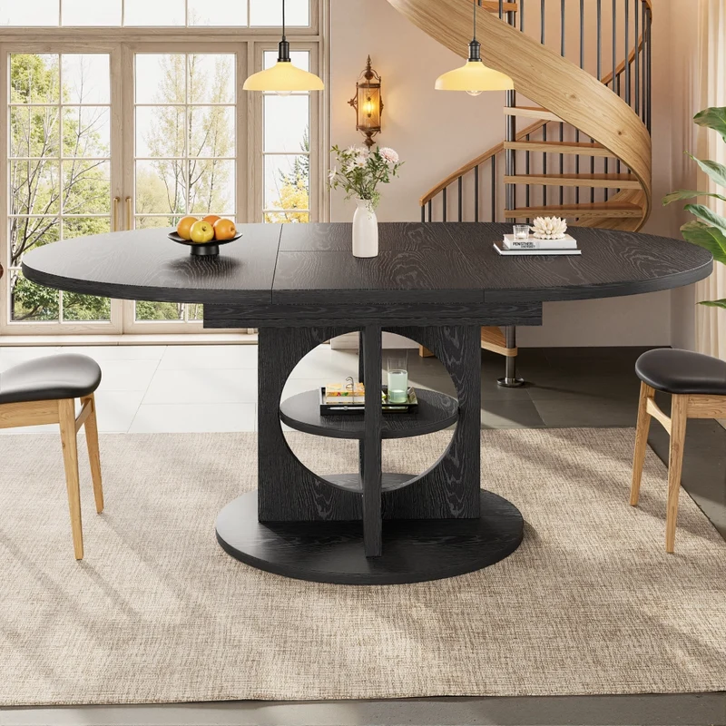 Tavolo da pranzo allungabile 110-140 cm per 4-6 persone; con contenitore e illuminazione LED colorata; MDF nero