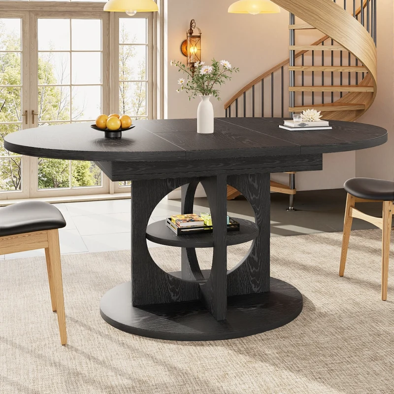 Tavolo da pranzo allungabile 110-140 cm per 4-6 persone; con contenitore e illuminazione LED colorata; MDF nero
