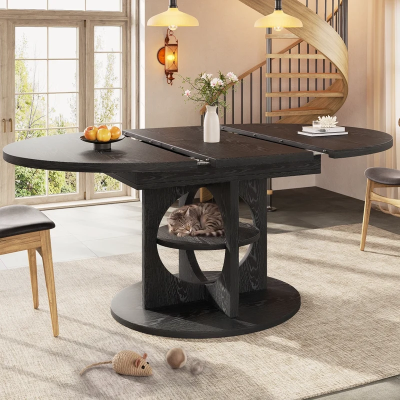 Tavolo da pranzo allungabile 110-140 cm per 4-6 persone; con contenitore e illuminazione LED colorata; MDF nero