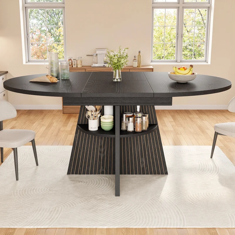 Tavolo da pranzo allungabile 110-140 x 80 x 75 cm in MDF effetto legno; con cassetti e vano contenitore; naturale