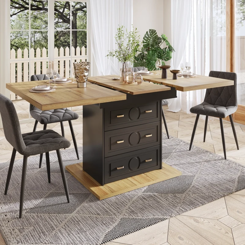 Tavolo da pranzo allungabile da 110 a 140 cm con contenitore; ante in vetro e LED RGB; bianco