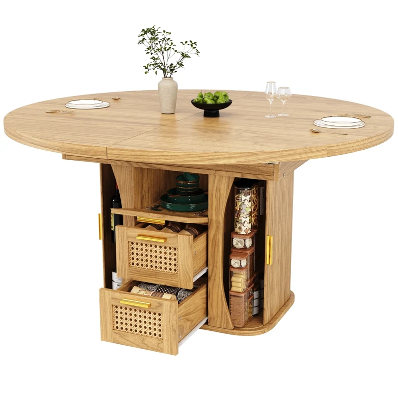 Tavolo da pranzo allungabile da 118 a 158 cm con cassetti effetto rattan; MDF; effetto legno naturale