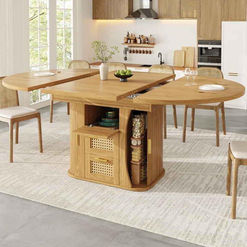 Tavolo da pranzo allungabile da 118 a 158 cm con cassetti effetto rattan; MDF; effetto legno naturale