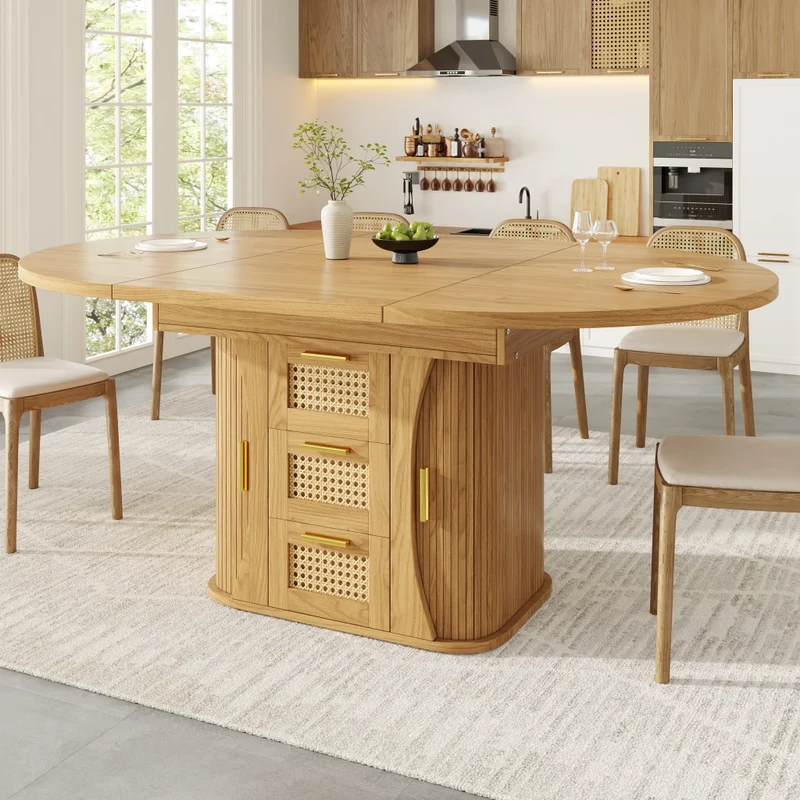 Tavolo da pranzo allungabile da 118 a 158 cm con cassetti effetto rattan; MDF; effetto legno naturale