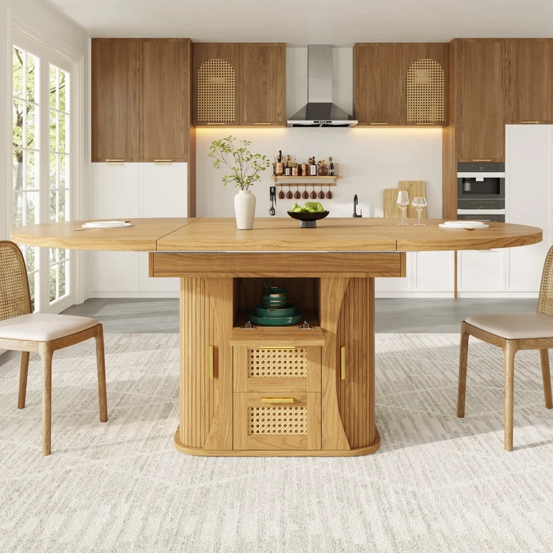 Tavolo da pranzo allungabile da 118 a 158 cm con cassetti effetto rattan; MDF; effetto legno naturale