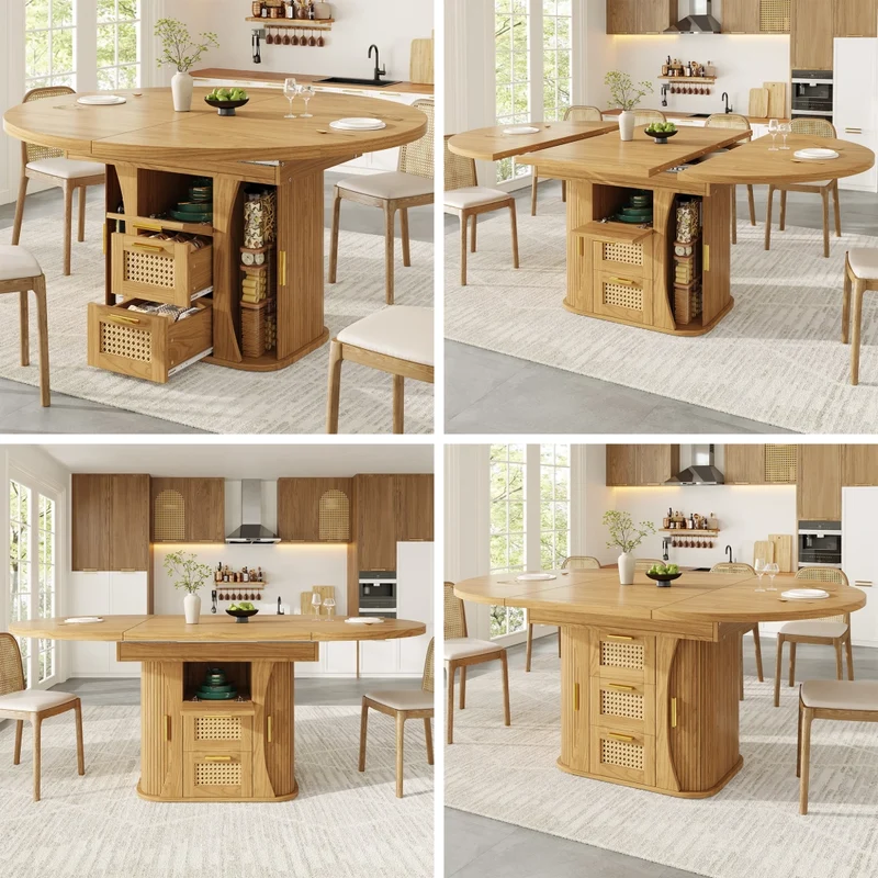 Tavolo da pranzo allungabile da 118 a 158 cm con cassetti effetto rattan; MDF; effetto legno naturale
