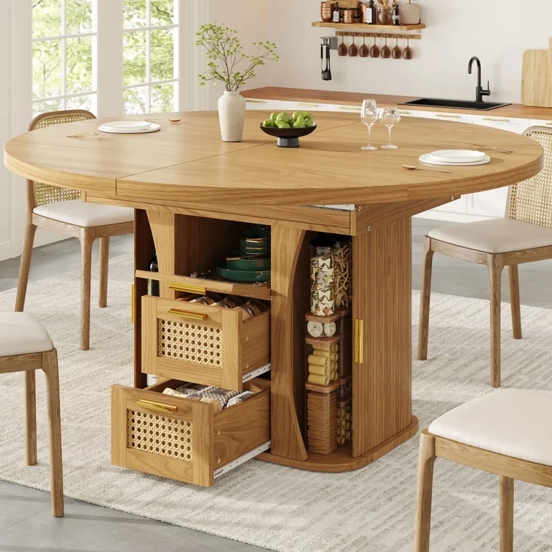 Tavolo da pranzo allungabile da 118 a 158 cm con cassetti effetto rattan; MDF; effetto legno naturale