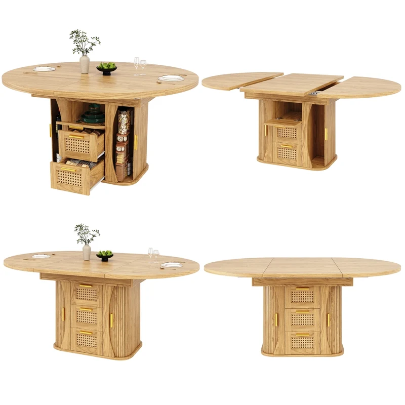 Tavolo da pranzo allungabile da 118 a 158 cm con cassetti effetto rattan; MDF; effetto legno naturale