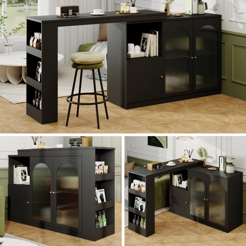 Tavolo bar con spazio contenitore; isola cucina con tavolo laterale girevole in MDF e metallo; bianco; 138 x 39 x 105 cm