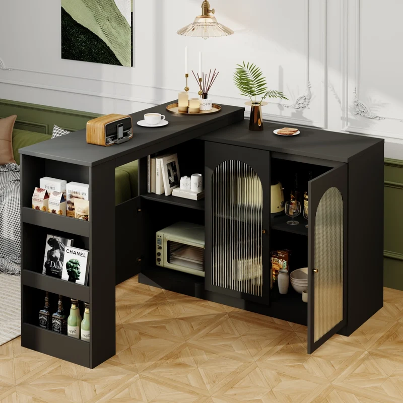 Tavolo bar con spazio contenitore; isola cucina con tavolo laterale girevole in MDF e metallo; bianco; 138 x 39 x 105 cm