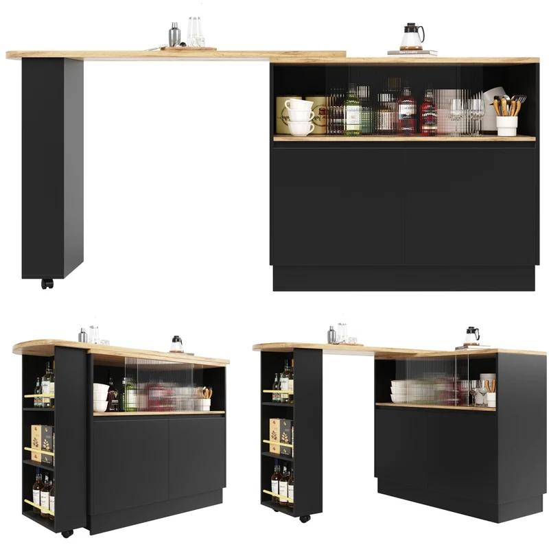 Isola cucina girevole a 360 gradi in MDF nero; 90 x 45 x 100 cm; con ripiani e anta scorrevole in vetro