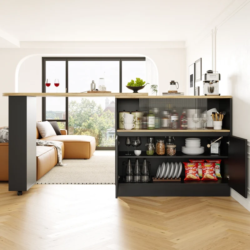 Isola cucina girevole a 360 gradi in MDF nero; 90 x 45 x 100 cm; con ripiani e anta scorrevole in vetro