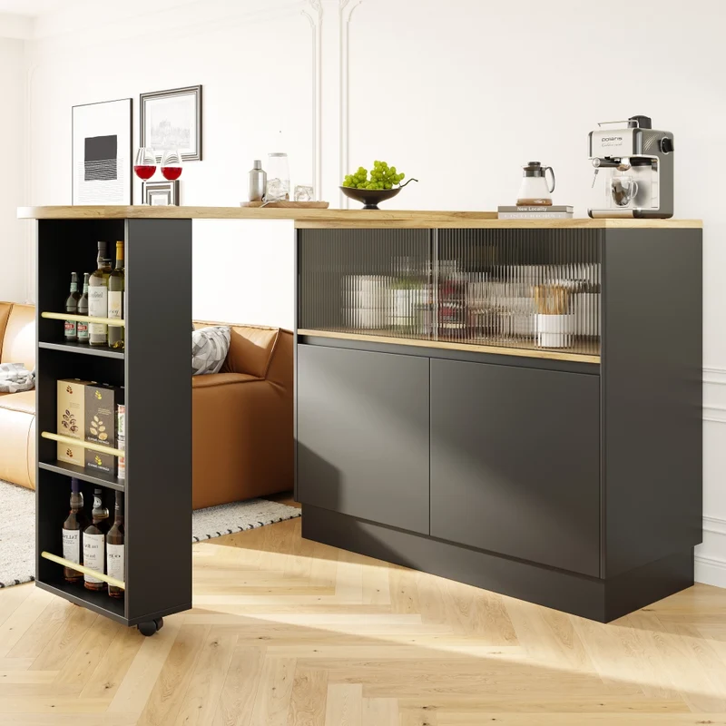 Isola cucina girevole a 360 gradi in MDF nero; 90 x 45 x 100 cm; con ripiani e anta scorrevole in vetro