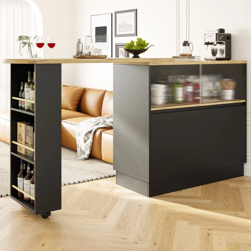 Isola cucina girevole a 360 gradi in MDF nero; 90 x 45 x 100 cm; con ripiani e anta scorrevole in vetro