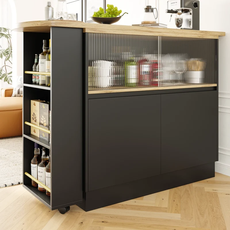 Isola cucina girevole a 360 gradi in MDF nero; 90 x 45 x 100 cm; con ripiani e anta scorrevole in vetro