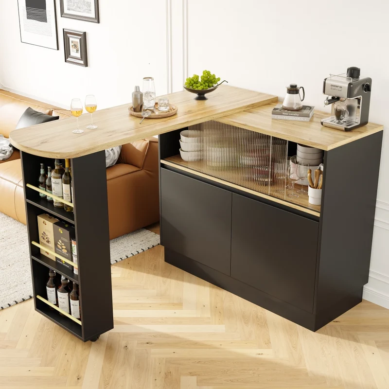Isola cucina girevole a 360 gradi in MDF nero; 90 x 45 x 100 cm; con ripiani e anta scorrevole in vetro
