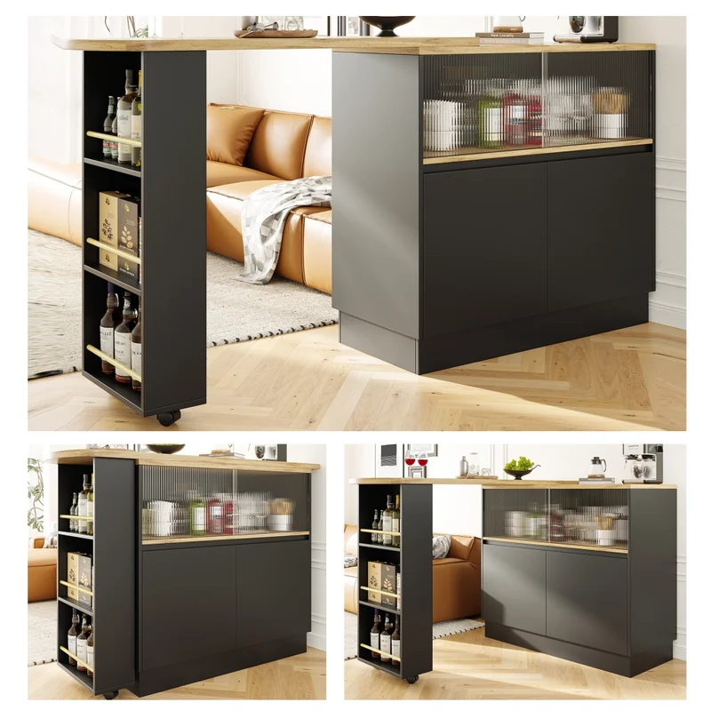 Isola cucina girevole a 360 gradi in MDF nero; 90 x 45 x 100 cm; con ripiani e anta scorrevole in vetro