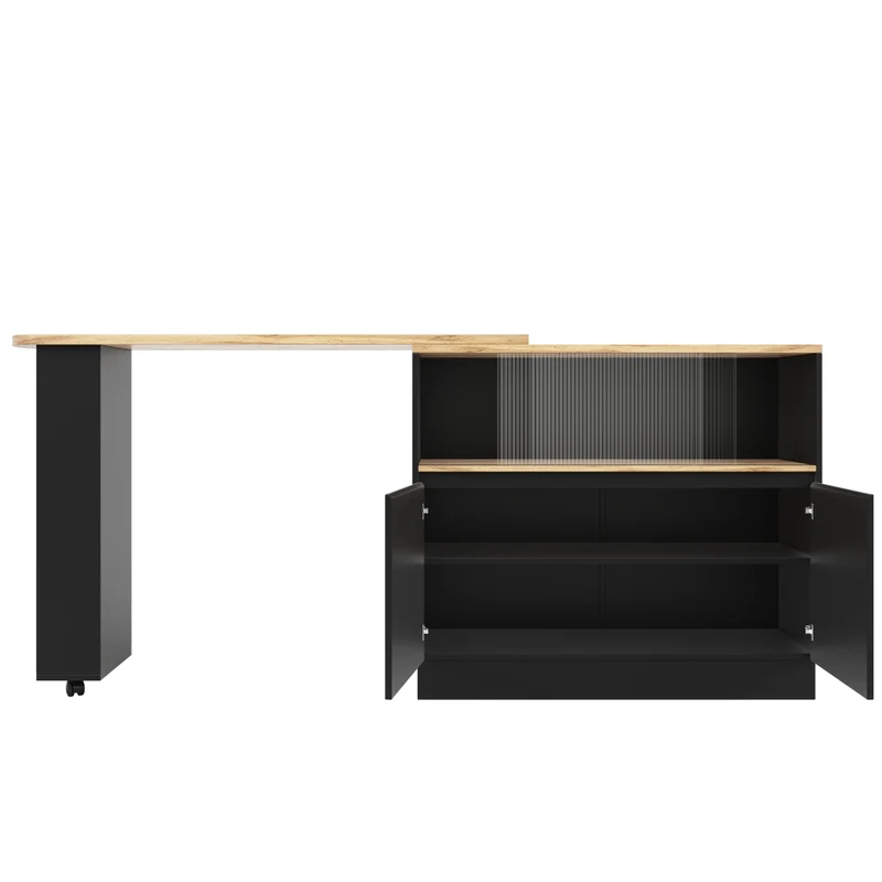 Isola cucina girevole a 360 gradi in MDF nero; 90 x 45 x 100 cm; con ripiani e anta scorrevole in vetro