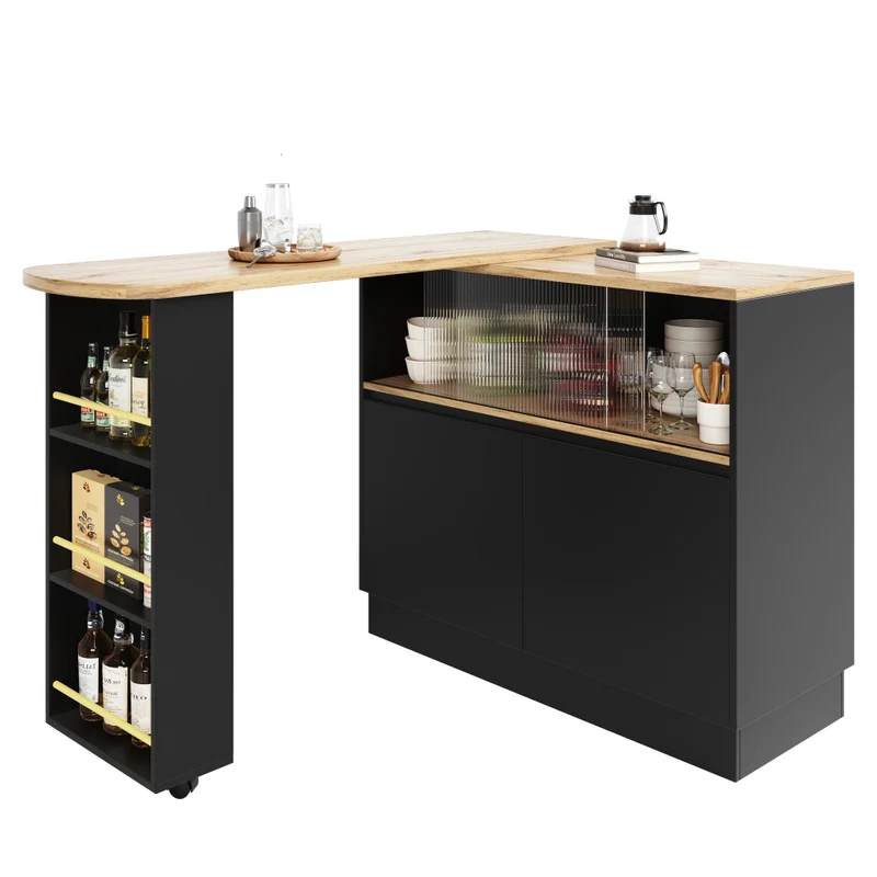 Isola cucina girevole a 360 gradi in MDF nero; 90 x 45 x 100 cm; con ripiani e anta scorrevole in vetro