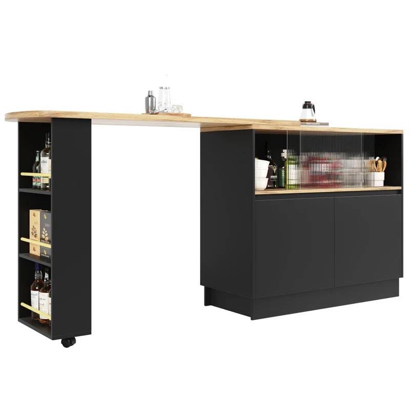 Isola cucina girevole a 360 gradi in MDF nero; 90 x 45 x 100 cm; con ripiani e anta scorrevole in vetro