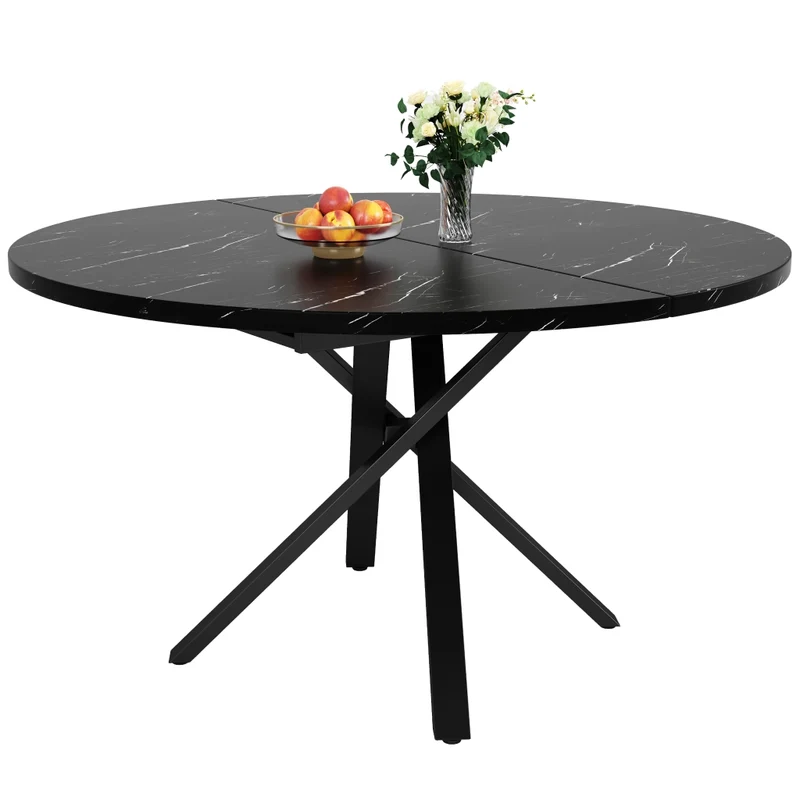 Tavolo da pranzo rotondo allungabile effetto marmo; da 100 a 140 cm; MDF e metallo nero