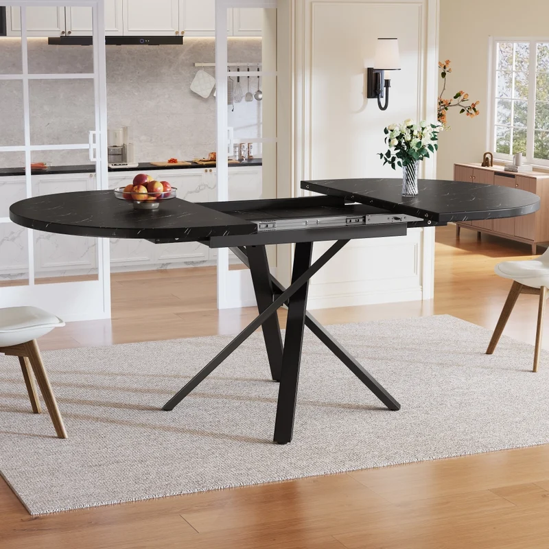 Tavolo da pranzo rotondo allungabile effetto marmo; da 100 a 140 cm; MDF e metallo nero