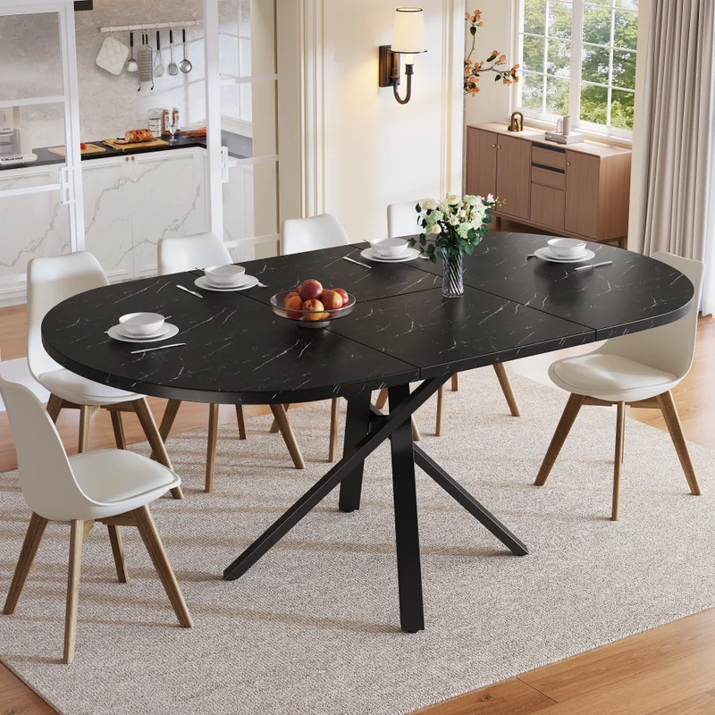 Tavolo da pranzo rotondo allungabile effetto marmo; da 100 a 140 cm; MDF e metallo nero
